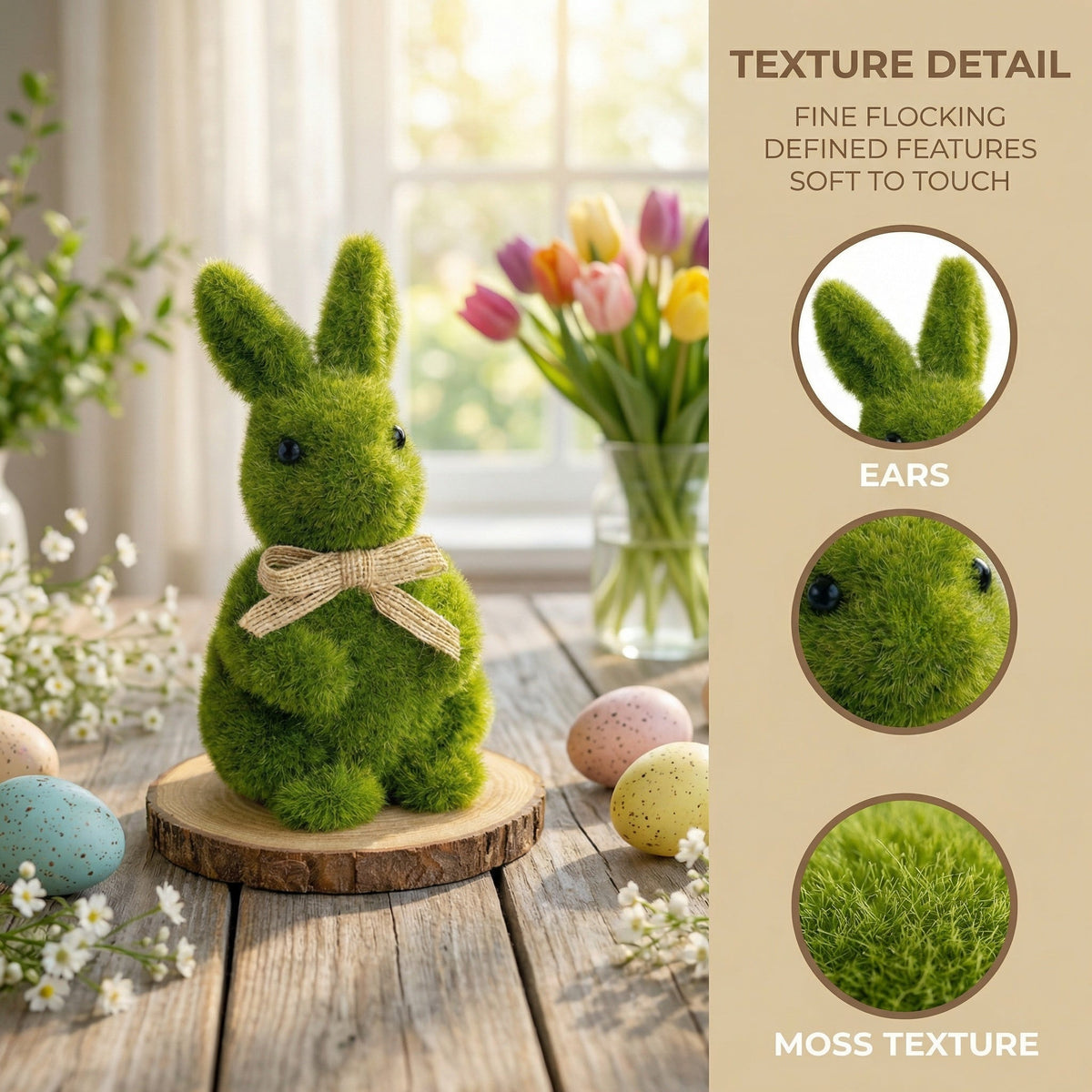 Spring Green Flocked Easter Bunny Decor with Burlap Bows