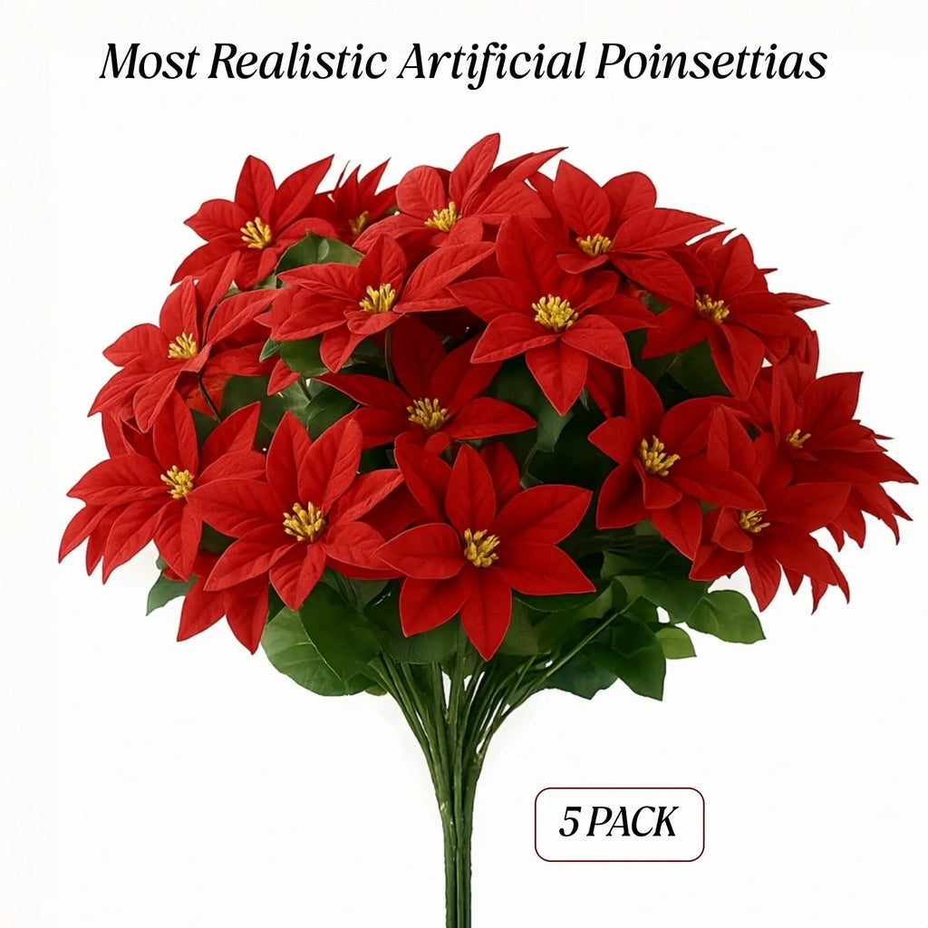 7 Heads Artificial Poinsettia Bouquet (5 Pack) - UV resistant, Waterproof, Windproof
