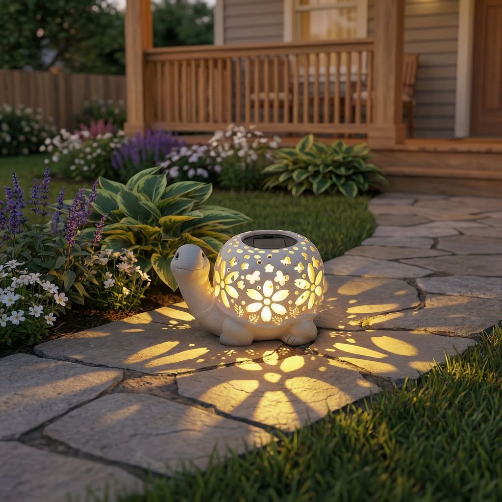 Turtle Glow Solar Garden Lantern With Floral Cutout Shell
