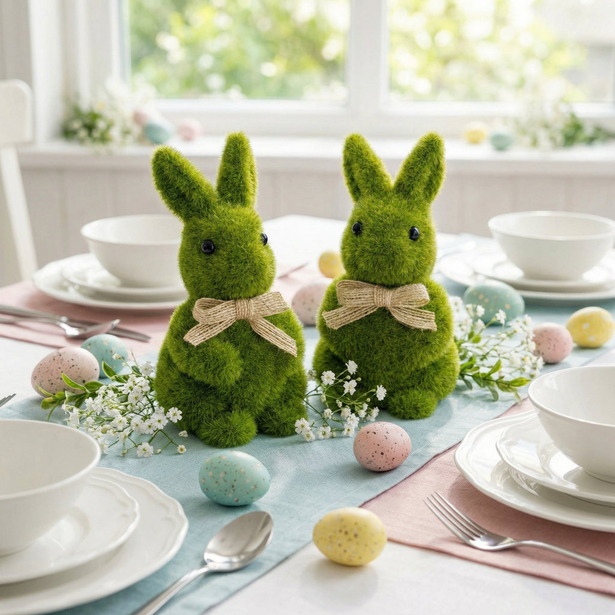 Spring Green Flocked Easter Bunny Decor with Burlap Bows