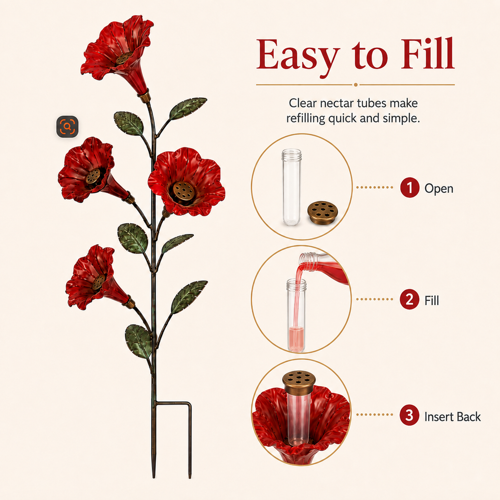 Vintage Red Flower Hummingbird Feeder Garden Stake