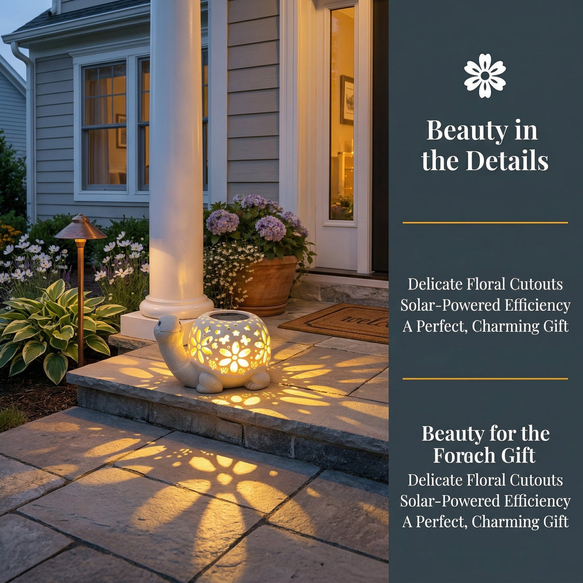 Turtle Glow Solar Garden Lantern With Floral Cutout Shell