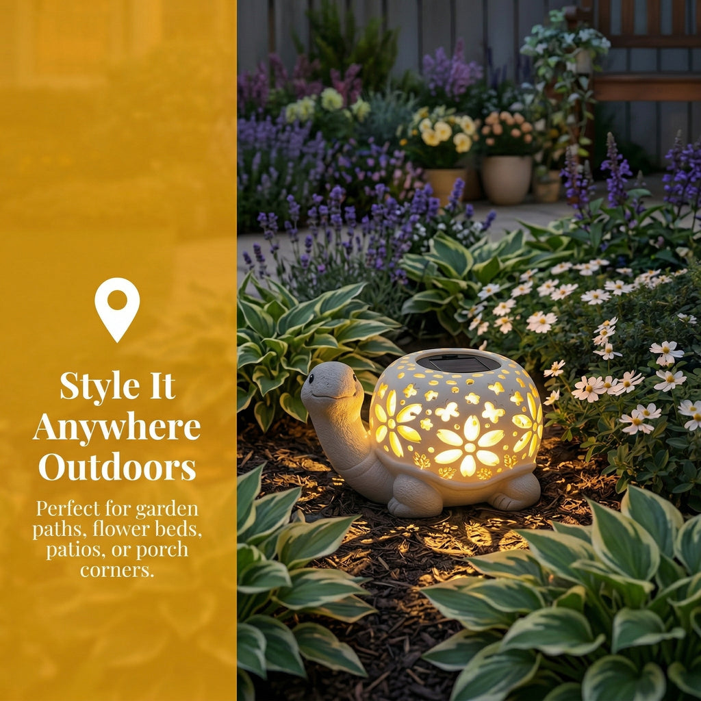 Turtle Glow Solar Garden Lantern With Floral Cutout Shell