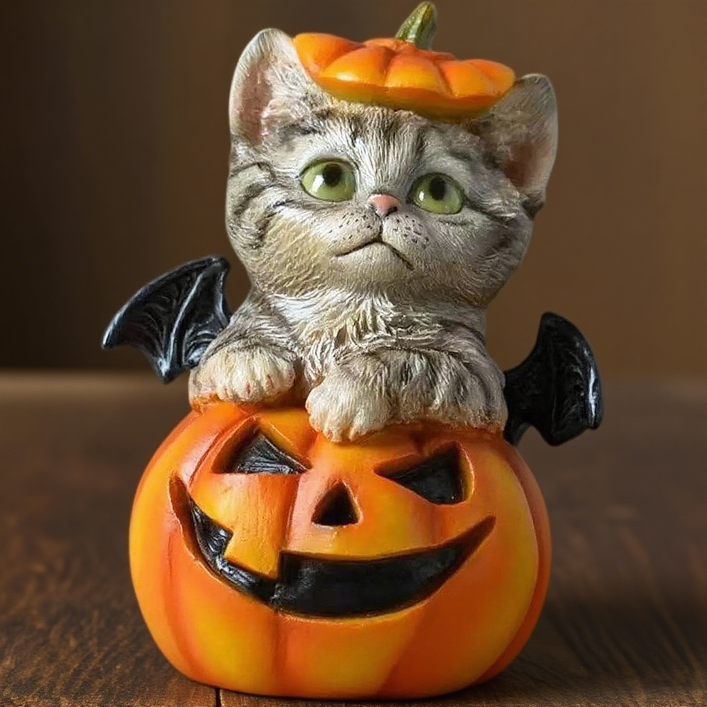 Handmade Halloween Pumpkin Cat Statue
