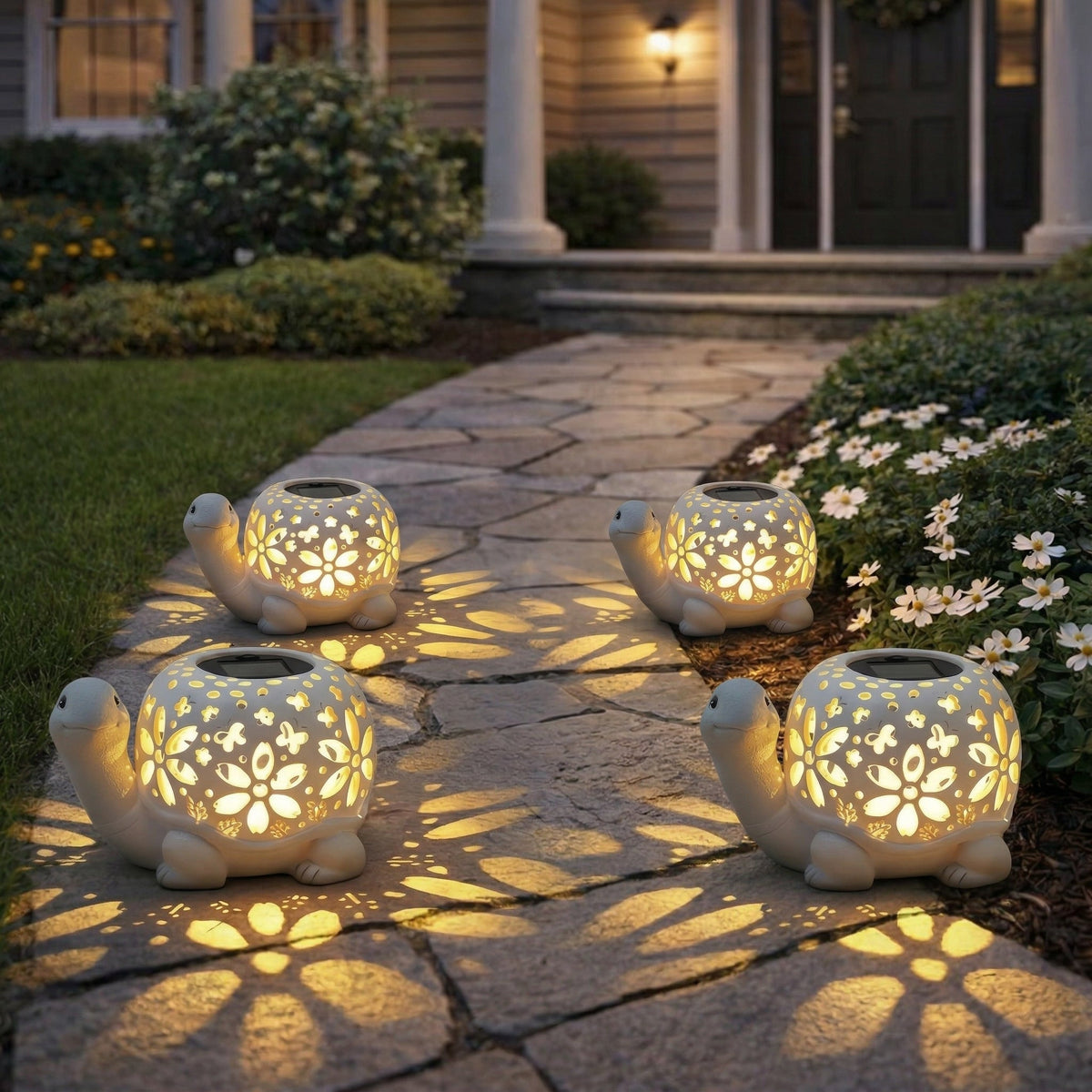 Turtle Glow Solar Garden Lantern With Floral Cutout Shell