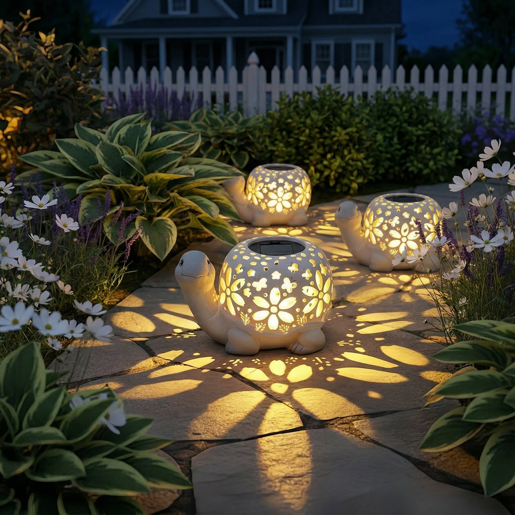Turtle Glow Solar Garden Lantern With Floral Cutout Shell