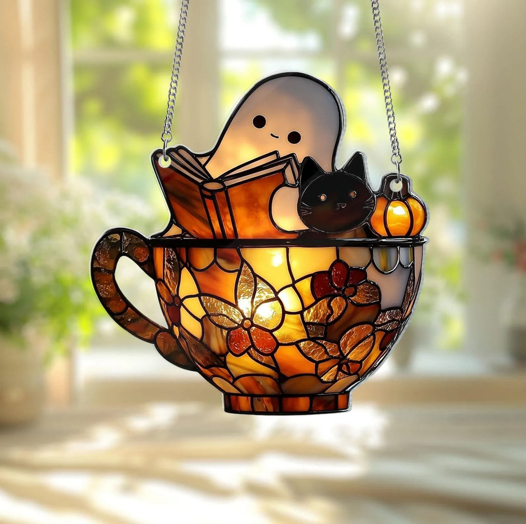 👻📚Ghost Reading Book Suncatcher Hanging Decor