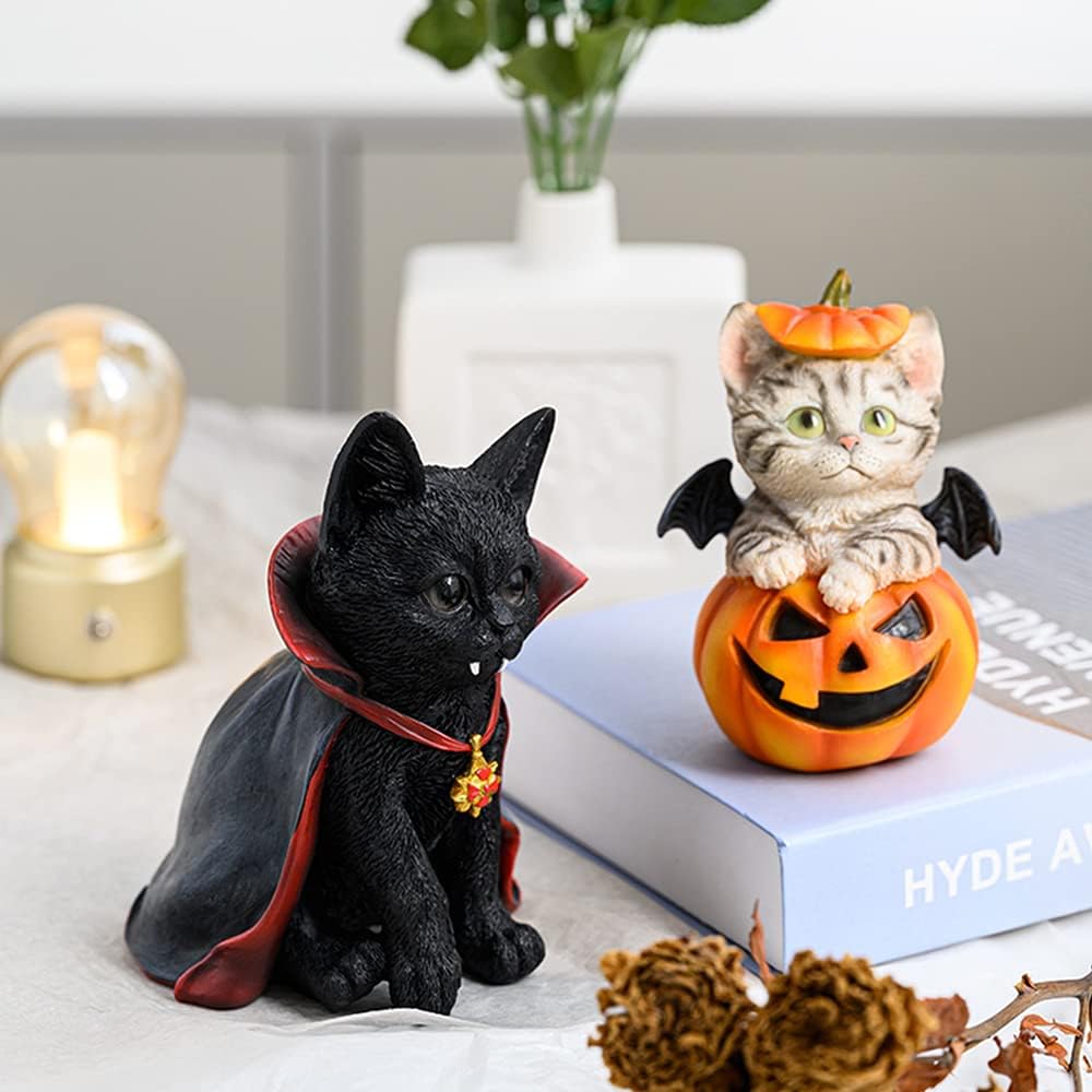 Handmade Halloween Pumpkin Cat Statue