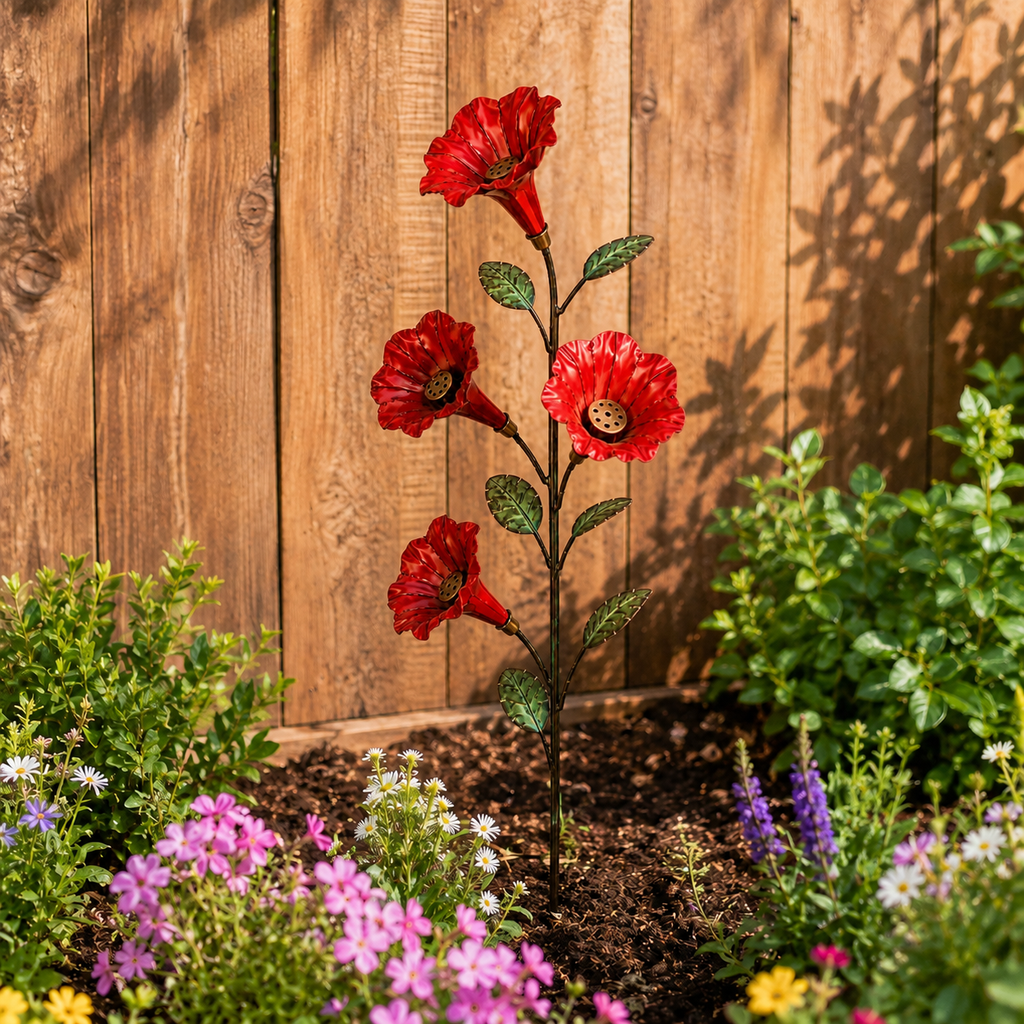 Vintage Red Flower Hummingbird Feeder Garden Stake
