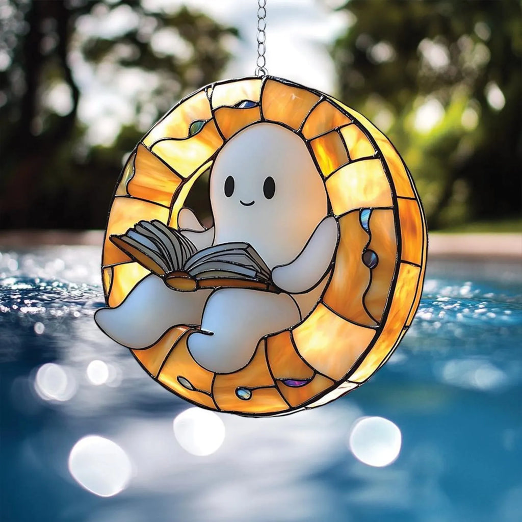 👻📚Ghost Reading Book Suncatcher Hanging Decor
