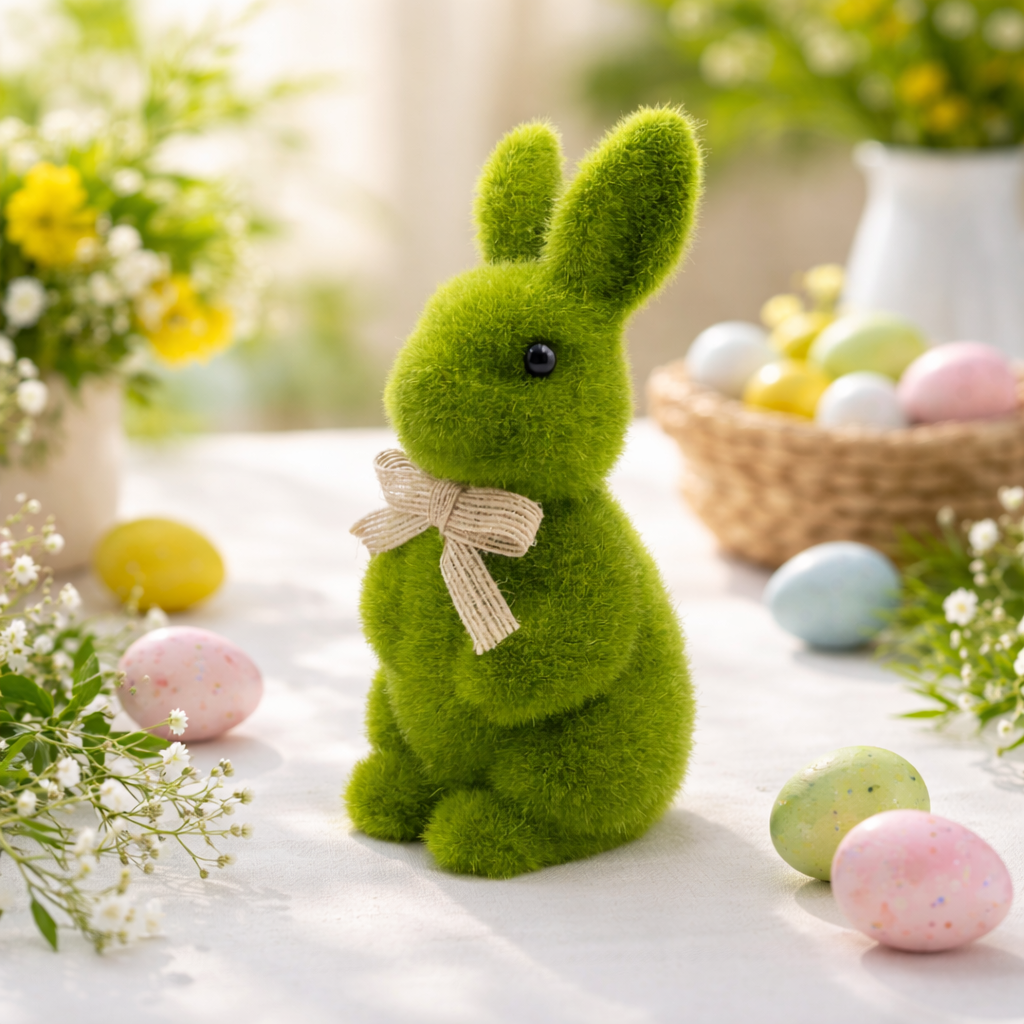Spring Green Flocked Easter Bunny Decor with Burlap Bows