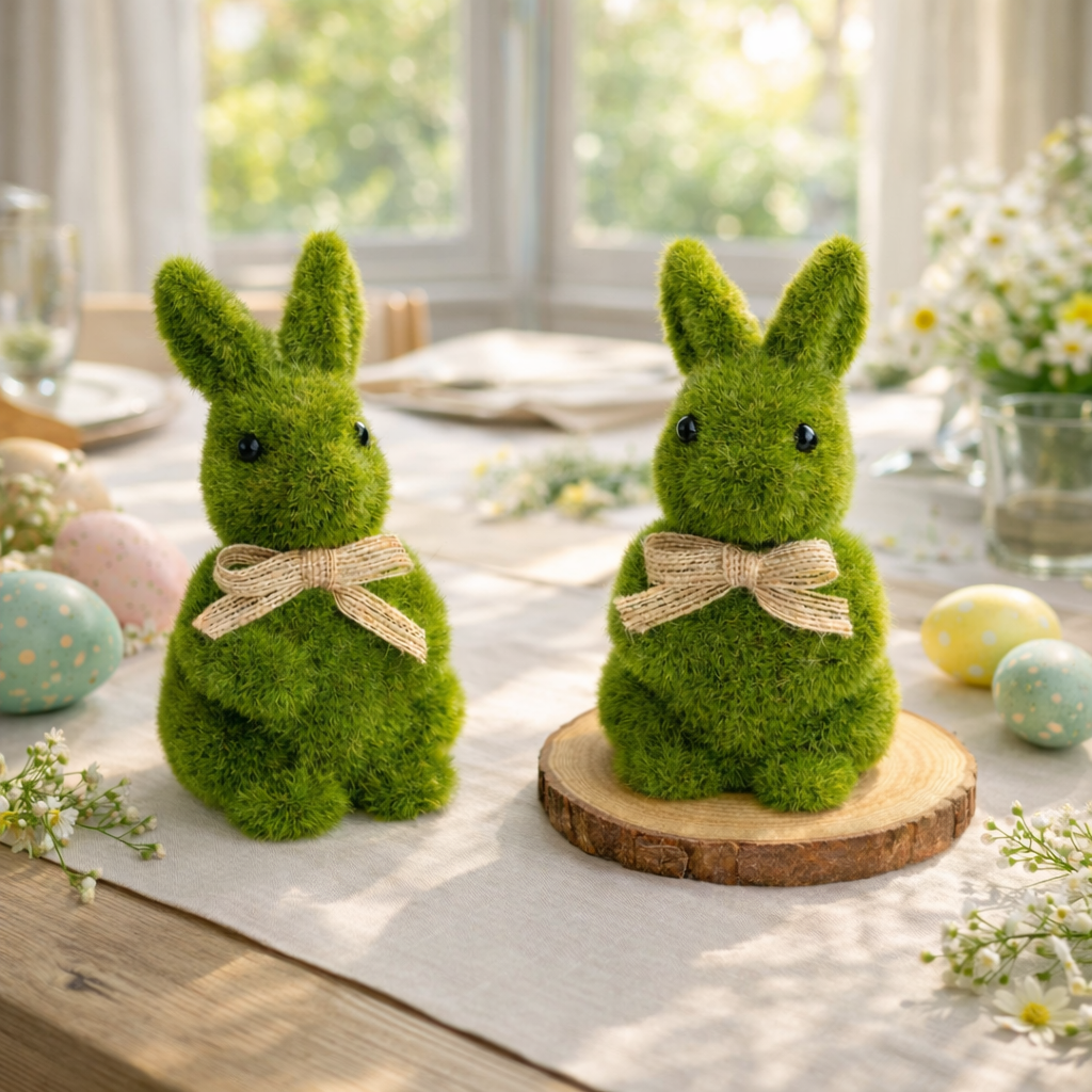 Spring Green Flocked Easter Bunny Decor with Burlap Bows