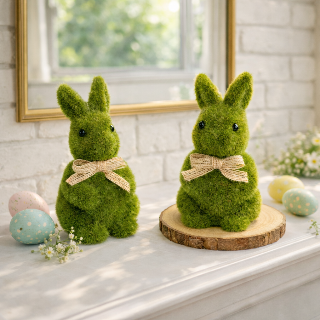 Spring Green Flocked Easter Bunny Decor with Burlap Bows