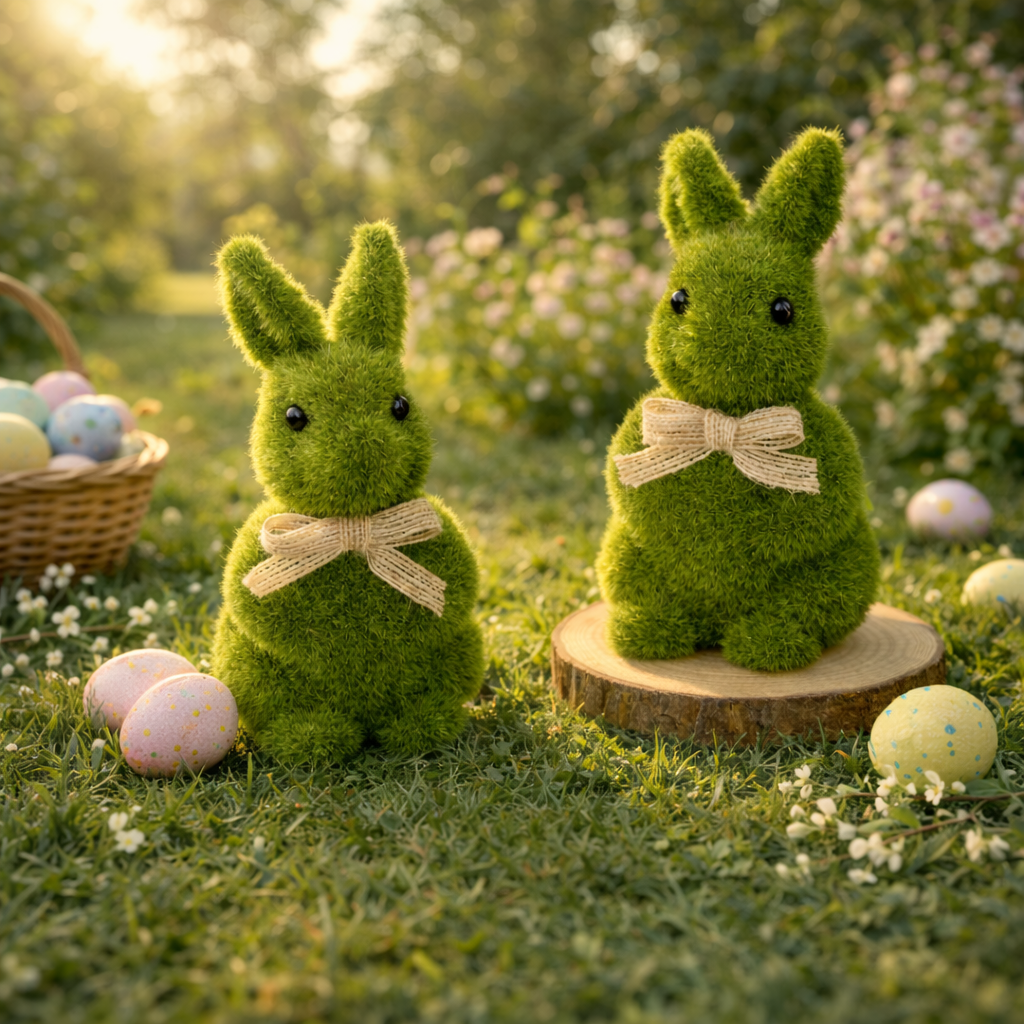 Spring Green Flocked Easter Bunny Decor with Burlap Bows