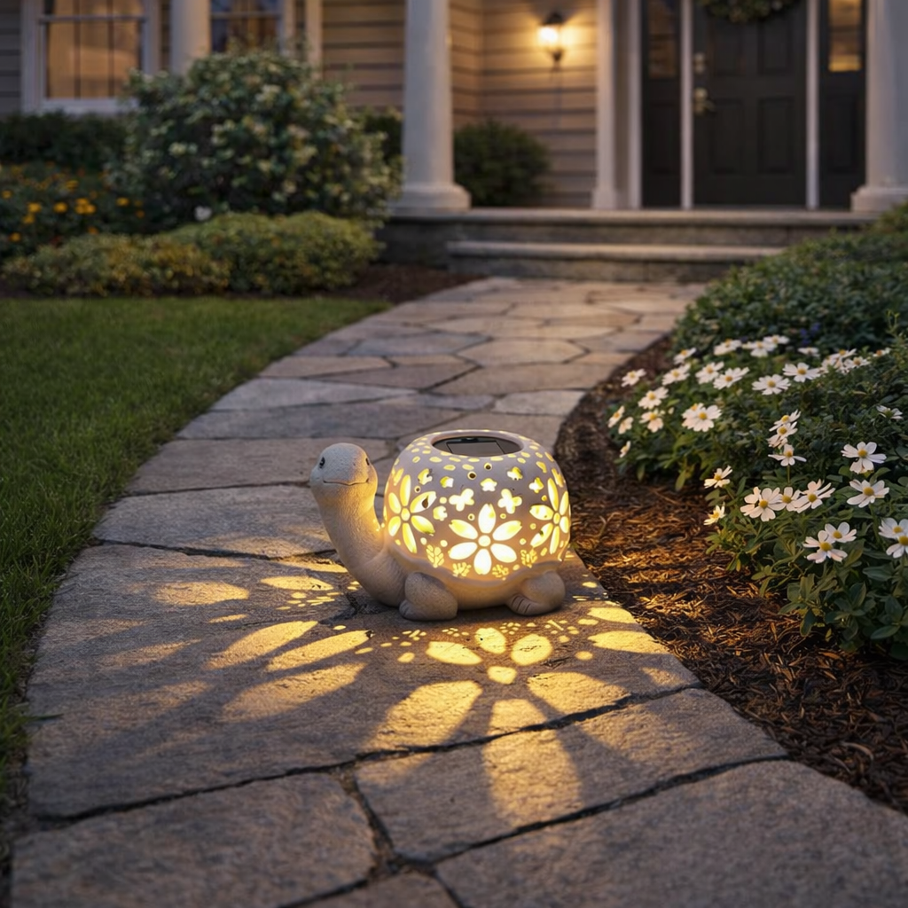 Turtle Glow Solar Garden Lantern With Floral Cutout Shell