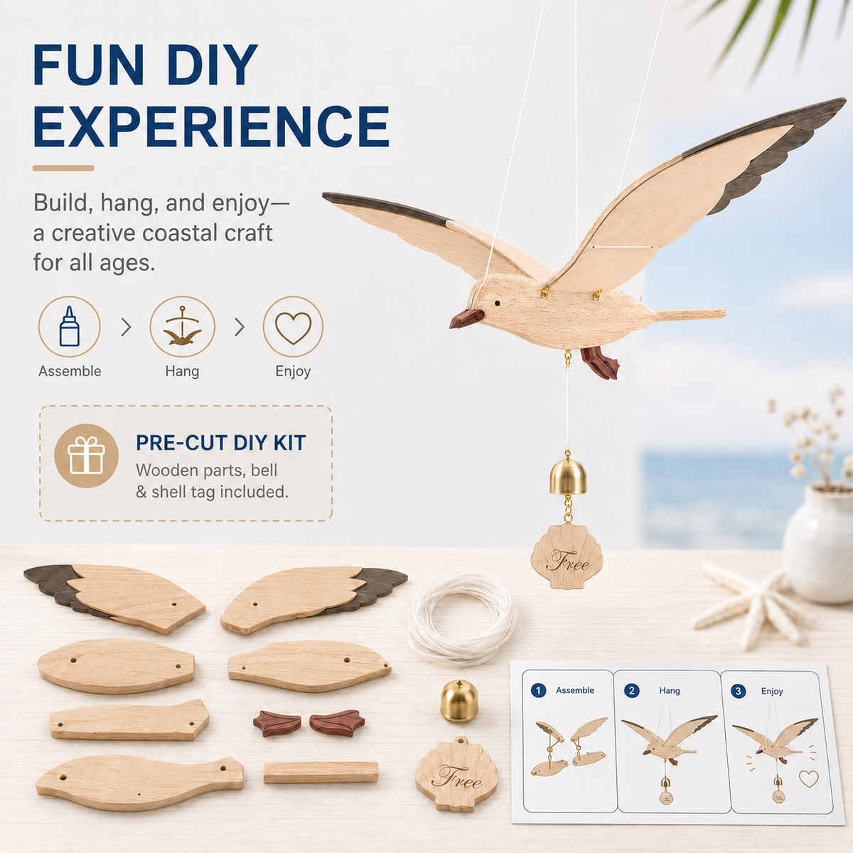 Flying Wooden Seagull DIY Kit – Coastal Beach Hanging Decor with “Free” Shell Tag 🌊