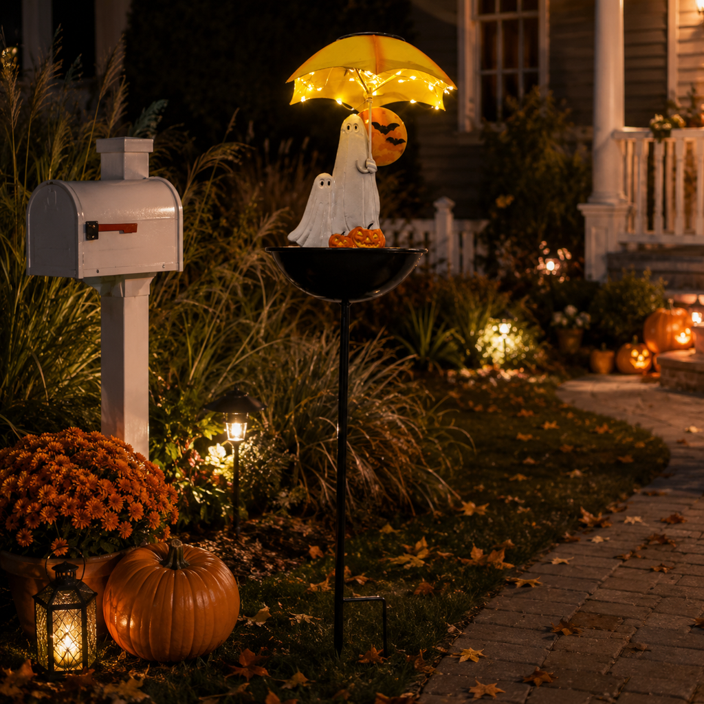 Lighted Ghost Umbrella Halloween Yard Decor with Solar Bird Feeder
