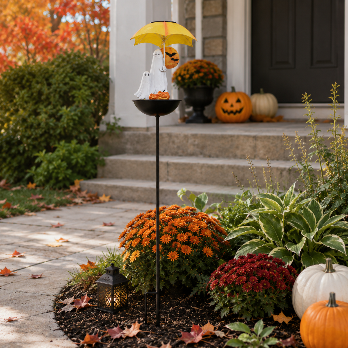 Lighted Ghost Umbrella Halloween Yard Decor with Solar Bird Feeder