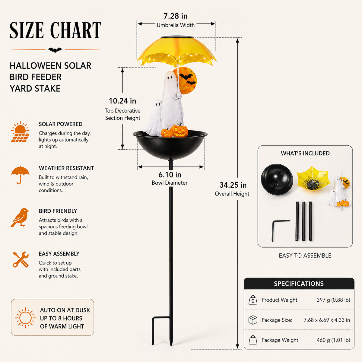 Lighted Ghost Umbrella Halloween Yard Decor with Solar Bird Feeder