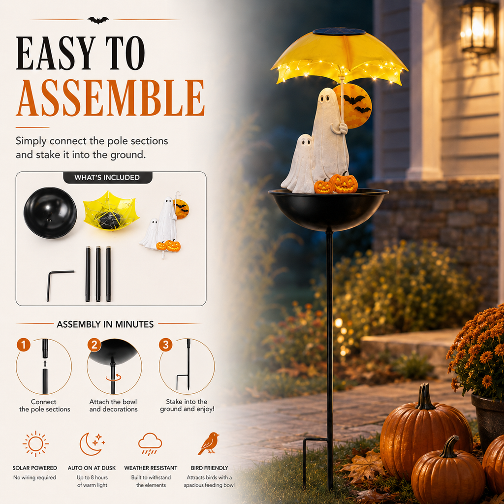 Lighted Ghost Umbrella Halloween Yard Decor with Solar Bird Feeder