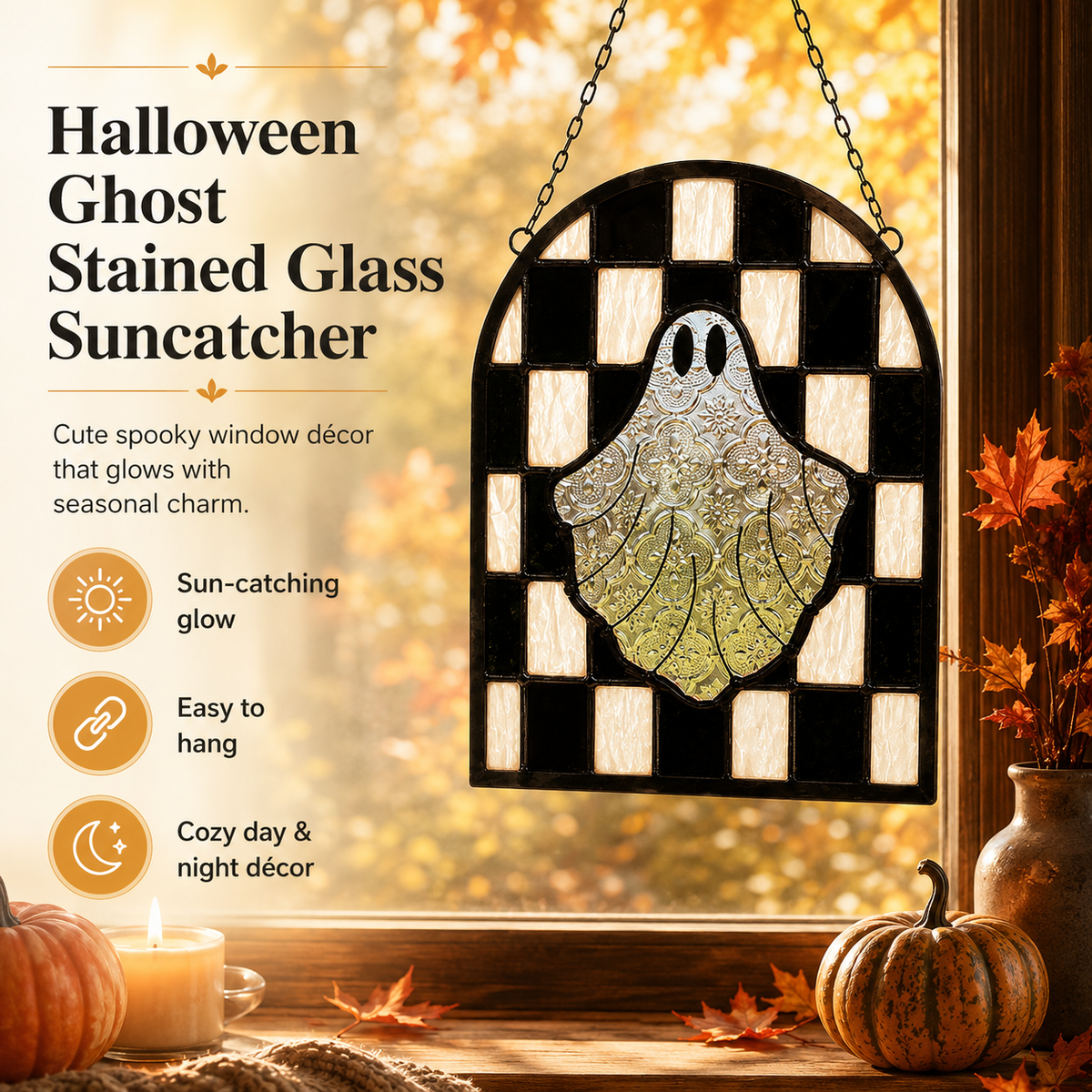 Halloween Ghost Stained Glass Window Suncatcher â€“ Hanging Ghost Window Decor