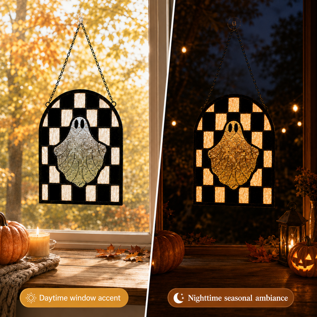 Halloween Ghost Stained Glass Window Suncatcher â€“ Hanging Ghost Window Decor