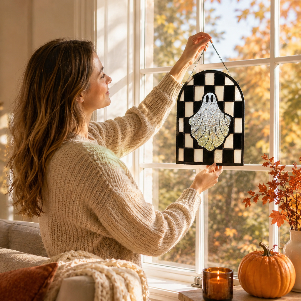 Halloween Ghost Stained Glass Window Suncatcher â€“ Hanging Ghost Window Decor