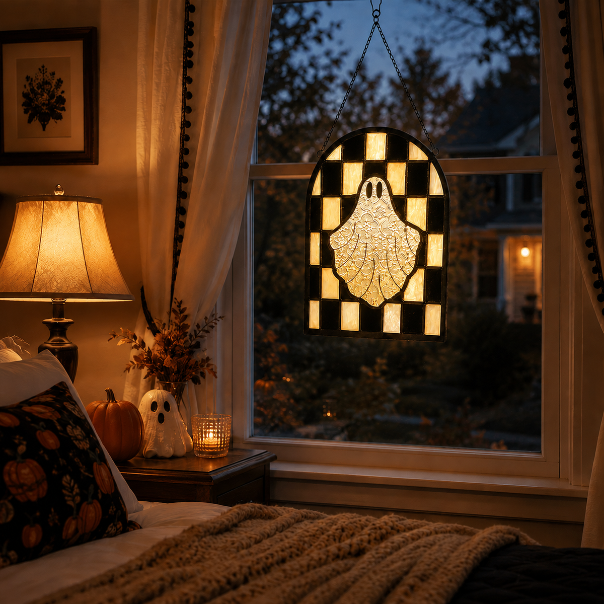 Halloween Ghost Stained Glass Window Suncatcher â€“ Hanging Ghost Window Decor
