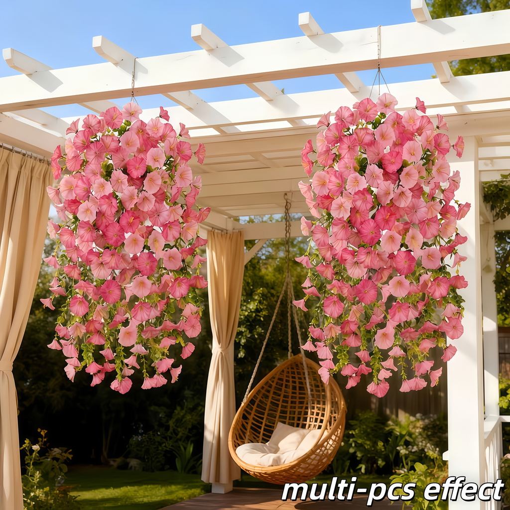 3Pcs Artificial Hanging Morning Glory Flowers with Greenery, UV Resistant